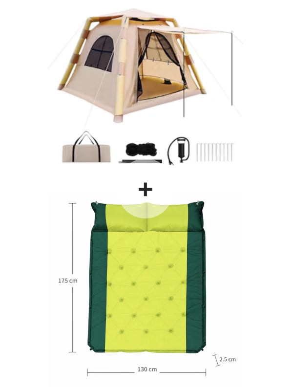 Cort de camping cu saltea inclusa - gonflabil si impermeabil pentru pentru 2-4 persoane - Montaj usor, cort autoportant cu pompa manuala + Saltea Gonflabila Outdoor pentru Camping si Drumetii, 2 Persoane, cu Perna Integrata si Design Compact 175 cm x 130 cm
