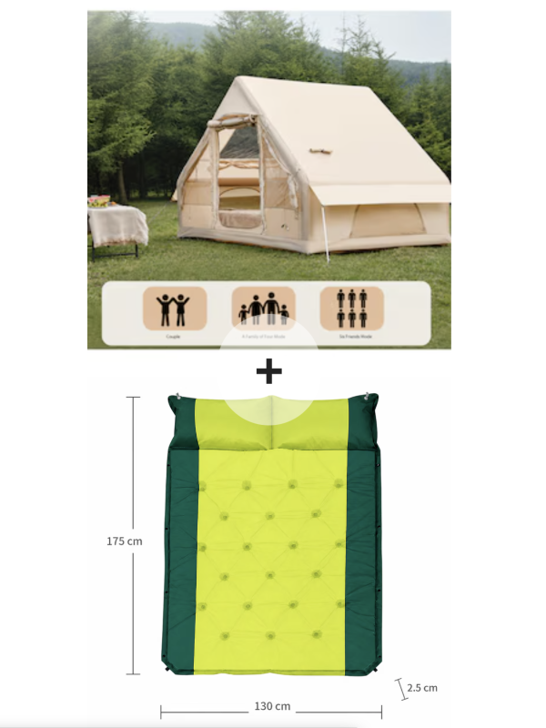 Pachet promo: Cort Glamping Gonflabil Premium 4-6 Persoane – Cort Camping Impermeabil pentru Familie, Luxury Outdoor cu Montare Rapida si Spatiu Generos + Saltea Gonflabila Outdoor pentru Camping si Drumetii, 2 Persoane, cu Perna Integrata si Design Compact 175 cm x 130 cm